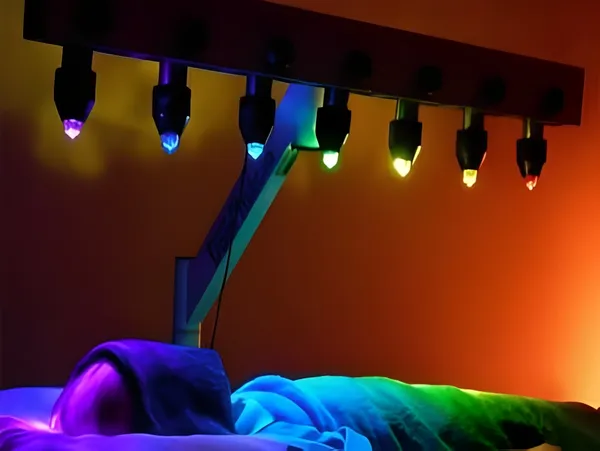 Client receiving rainbow crystal bed light therapy treatment